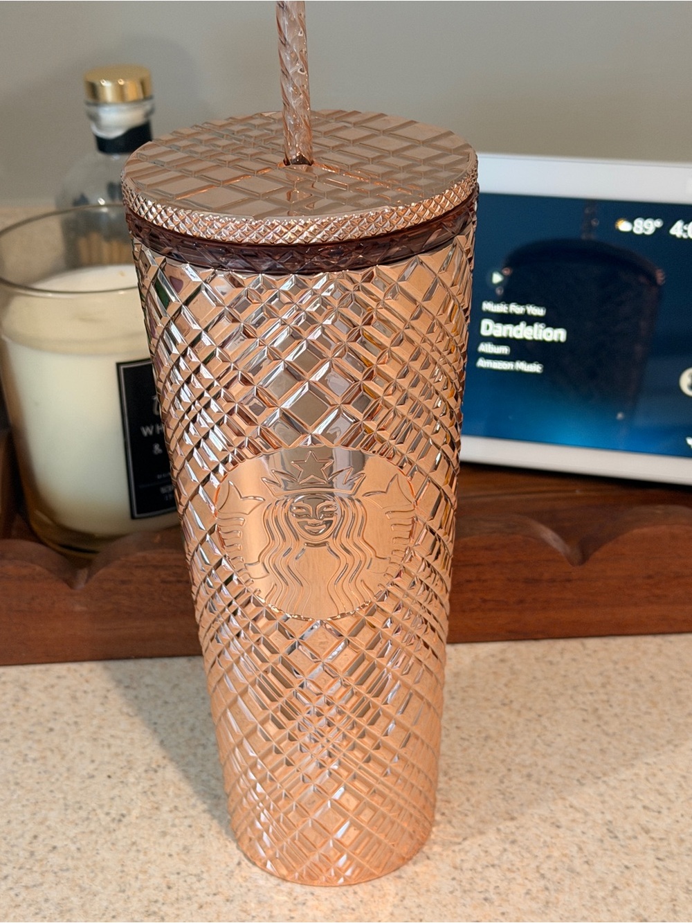 Starbucks Rose Gold Textured Cold Cup with Straw and Embossed Logo